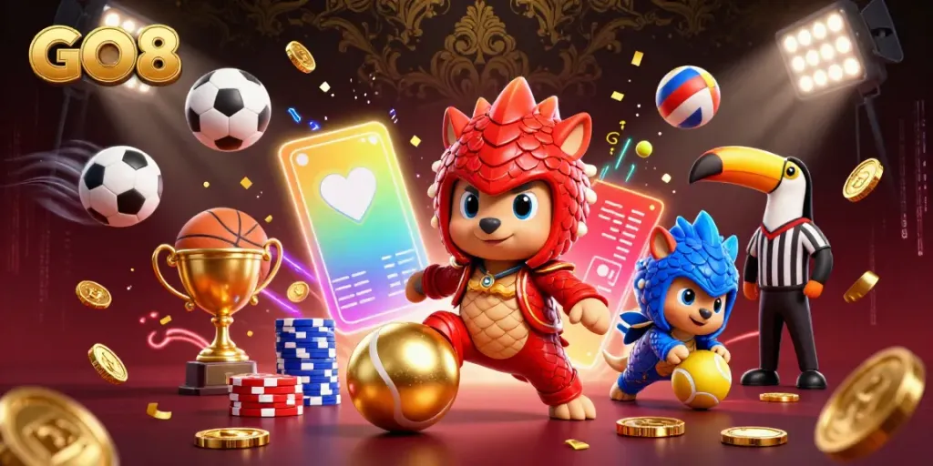 Experience the excitement of GO8 online gaming with rival pangolins amidst golden poker chips and sports ball action.
