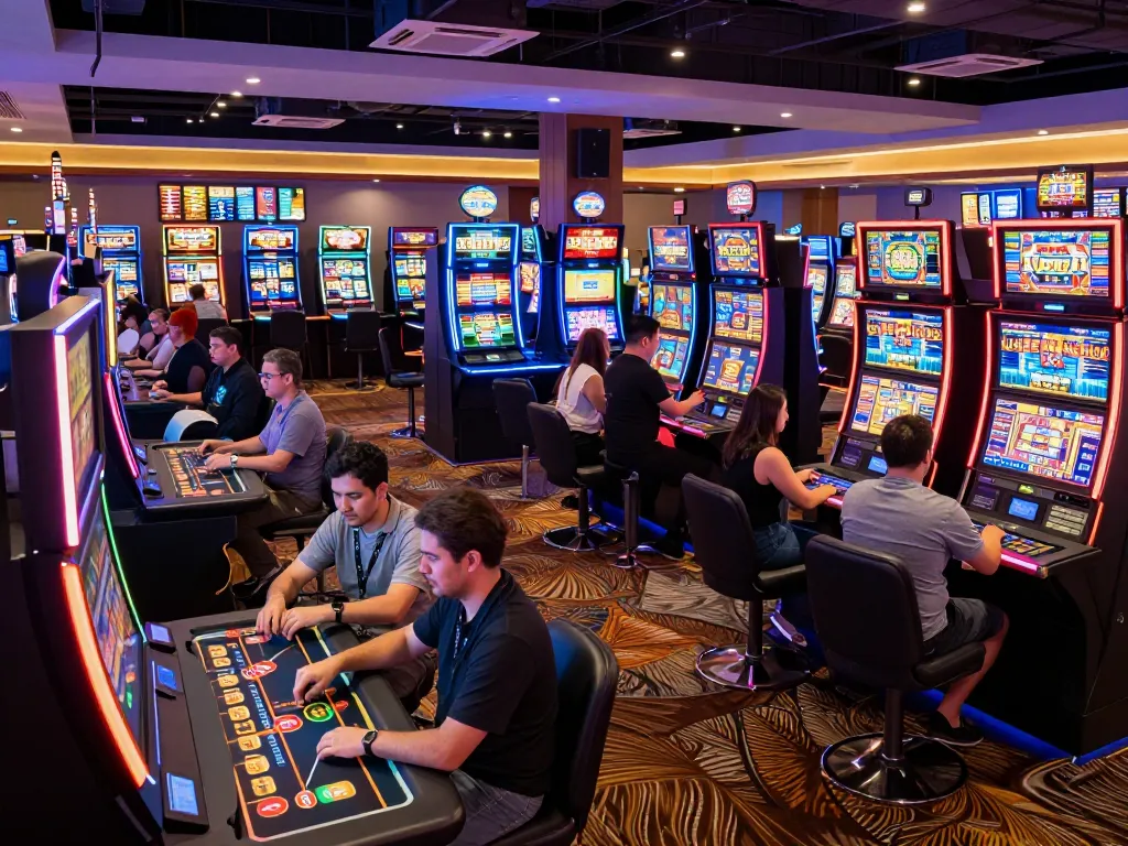Engaged players enjoying lc88 casino games with vibrant slot machines and live dealers