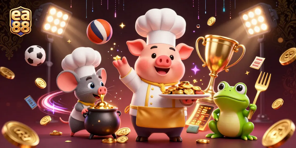 ea 88 features a chef pig serving gold coins in a lively casino atmosphere with festive sports elements.