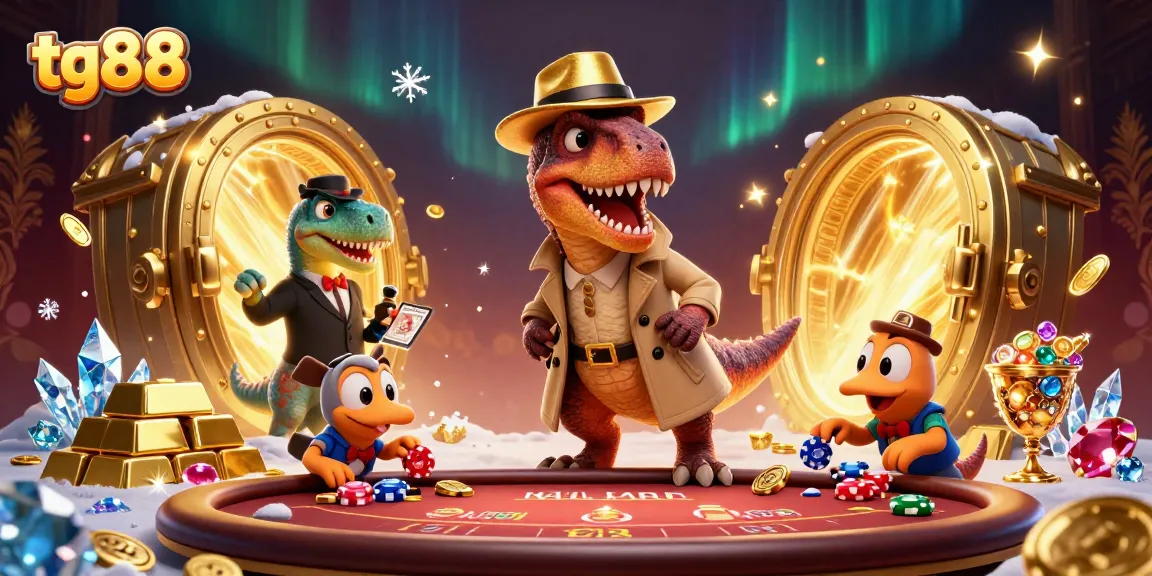 Experience high-stakes action with tg88 at a blackjack table featuring playful dinosaurs in this vibrant casino scene.