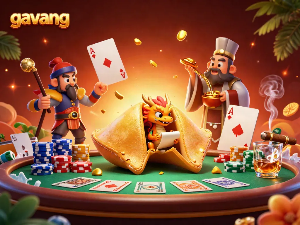 Join the fun at Gavang with vibrant casino elements including golden fortune cookie, poker chips, and interactive characters.