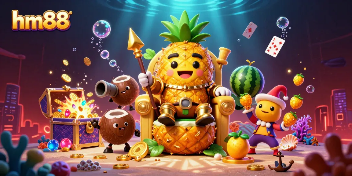 Join the adventure at hm88 with the golden pineapple king and friends in a vibrant casino scene.