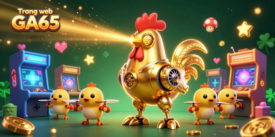 Experience win with Trang web GA65's vibrant casino-themed illustration featuring a golden rooster and chick drones.