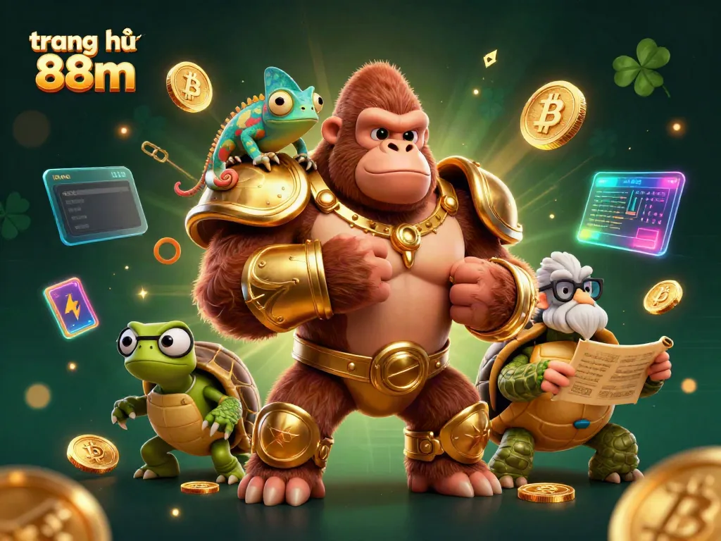 Experience excitement at trang chủ 88m with our vibrant 3D casino illustration featuring a powerful gorilla king and game elements.