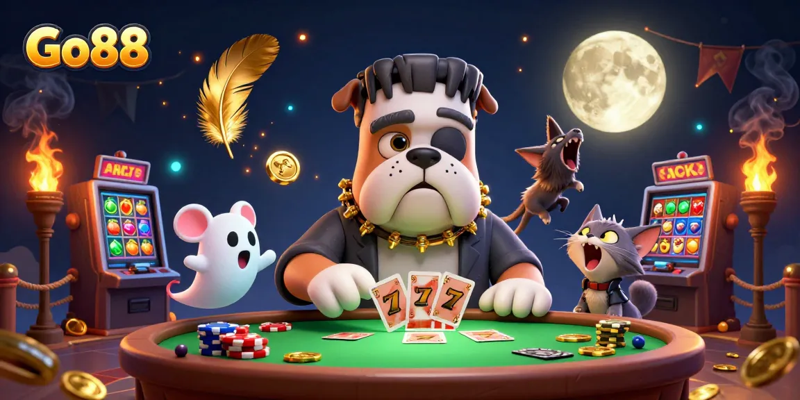 Go88 showcases a thrilling gaming experience with a Frankenstein bulldog dealing cards amidst vibrant casino elements.