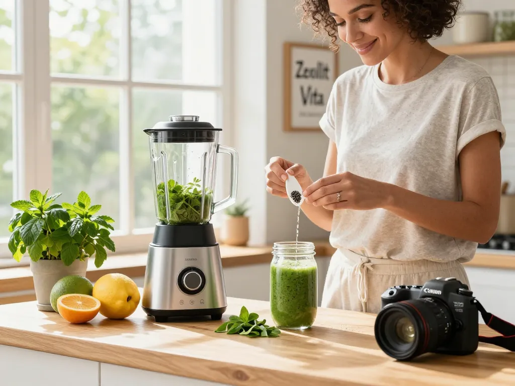 Przygotowywanie smoothie detoksykacyjnego z Zeolit Vita dla zdrowego stylu życia.