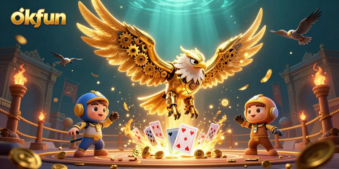 Join the action at okfun with a dynamic illustration of a cybernetic eagle diving through holographic cards.