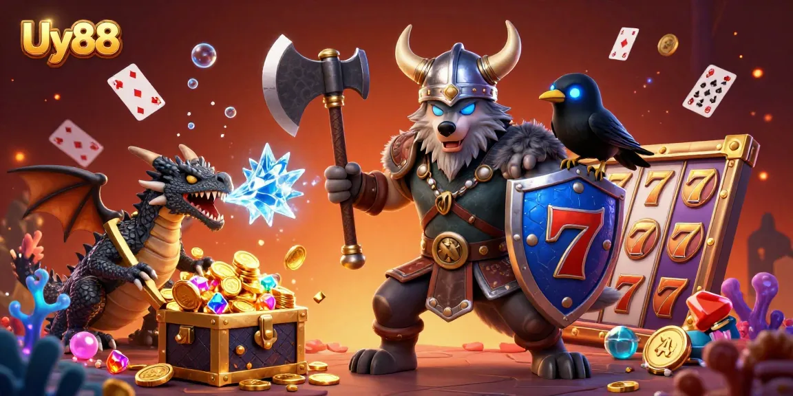 Uy88 engages gamblers with a vibrant 3D scene featuring a Viking wolf warrior, dragon, and slot reels.