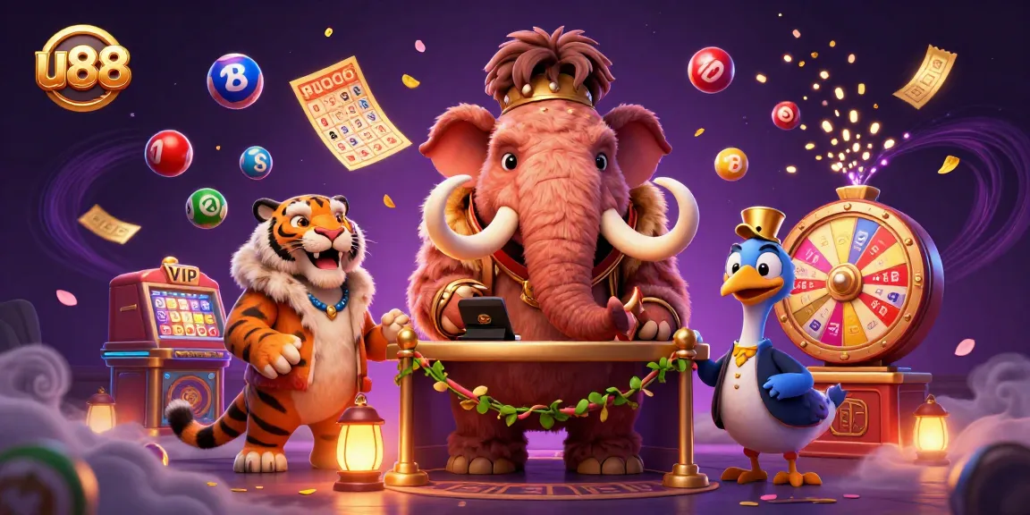 Experience the thrill of u88 with vibrant lottery elements and casino characters in a dynamic setting.