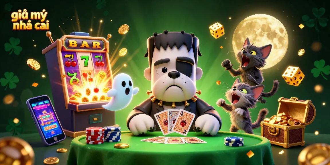 Engaging scene illustrating giải mã nhà cái with Frankenstein bulldog and werewolf kitten at a casino table.