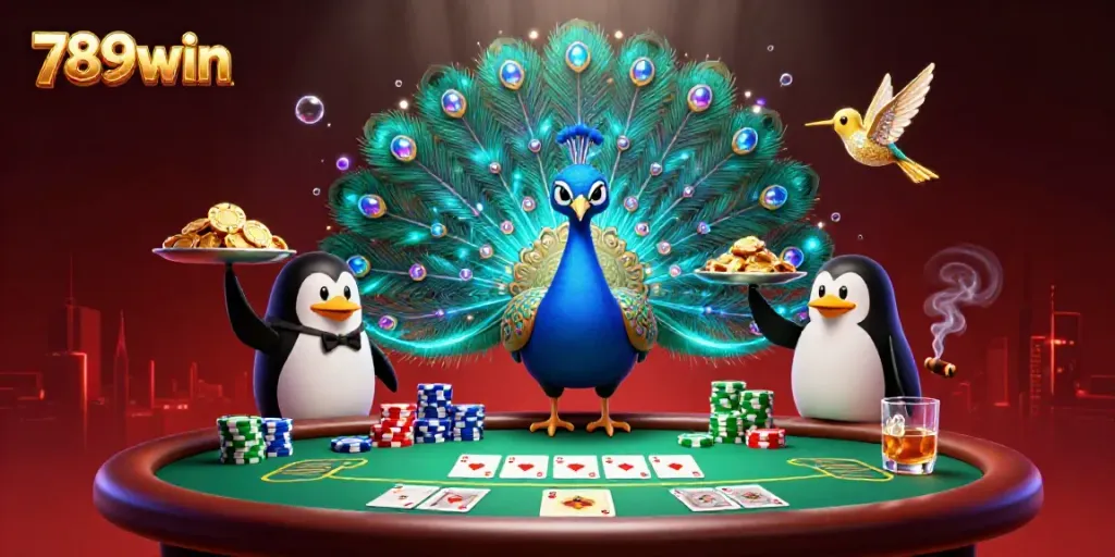 Experience the excitement of 789win with vibrant casino elements featuring a peacock and penguin in a dynamic scene.