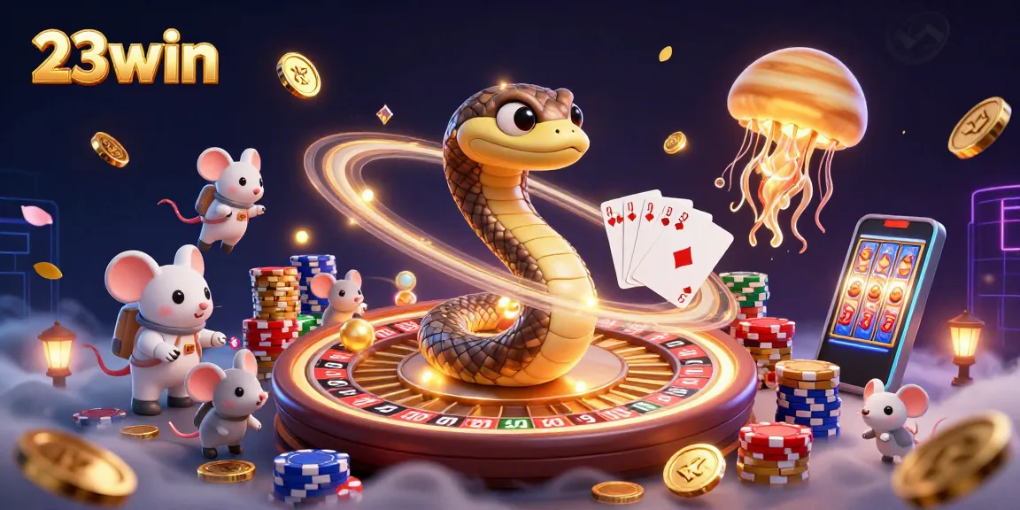 Experience thrilling bets at 23win with an exciting cosmic casino scene, featuring unique characters and dynamic game elements.