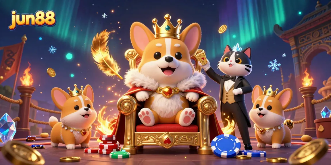 Experience the excitement of jun88 with a royal corgi and a cat butler in this vibrant 3D illustration.