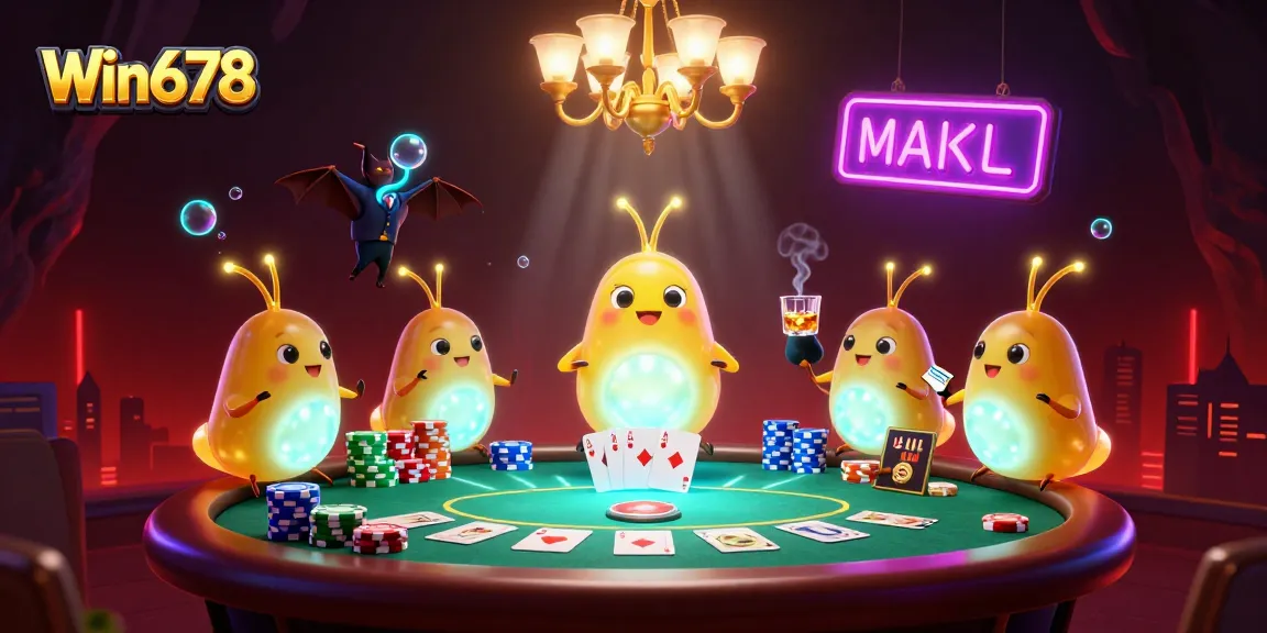 Experience vibrant gameplay at Win678 with glowworms lighting up a casino scene filled with poker action.