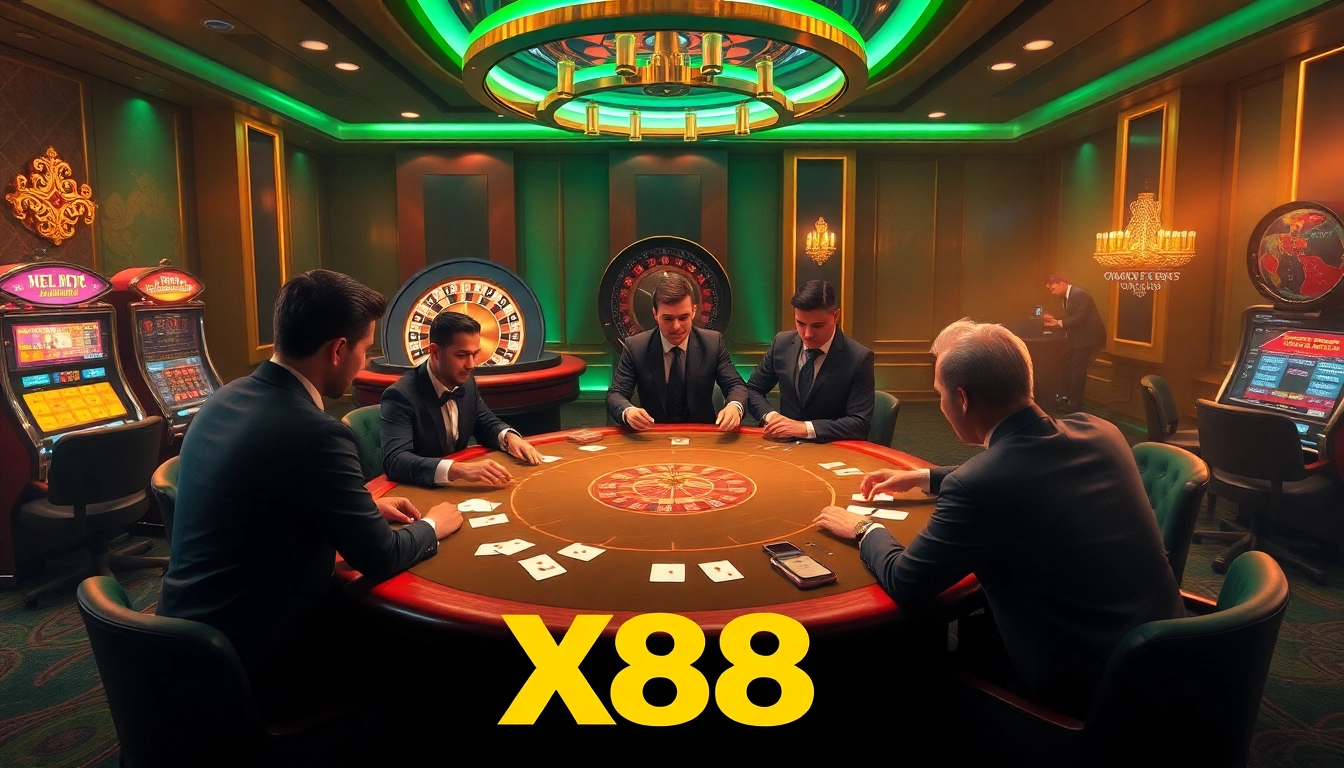 X88 players enjoying a thrilling poker game in a luxurious casino setting.