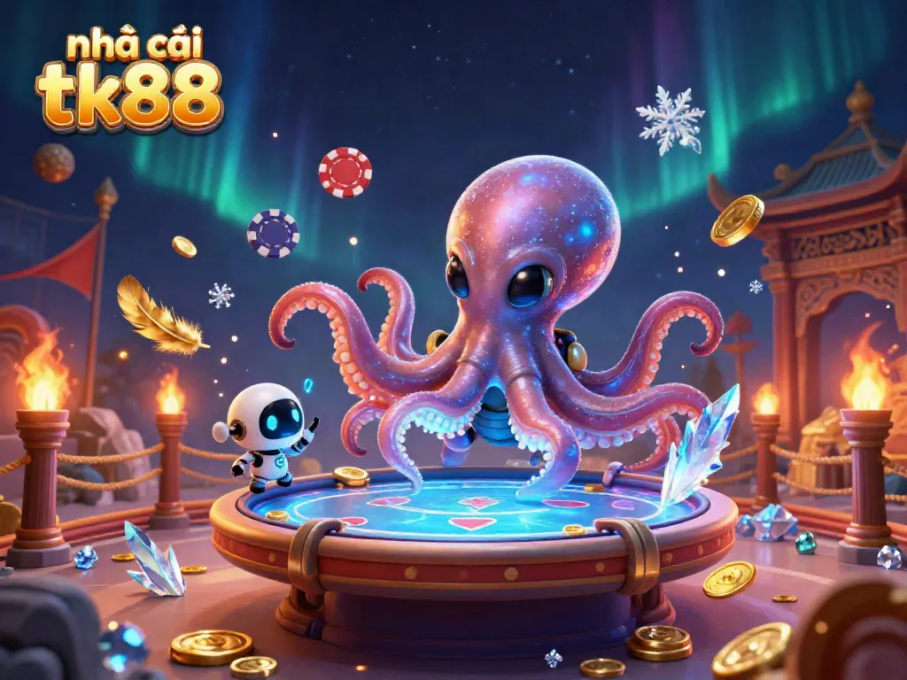 Engage in the thrilling universe of Nhà cái tk88 with an alien octopus at a holographic poker table.