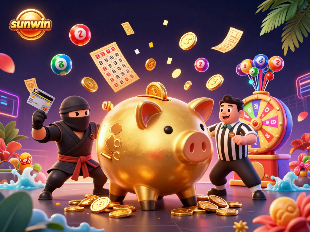 Win big with Sunwin's dynamic casino scene featuring vibrant lottery elements and exciting characters.