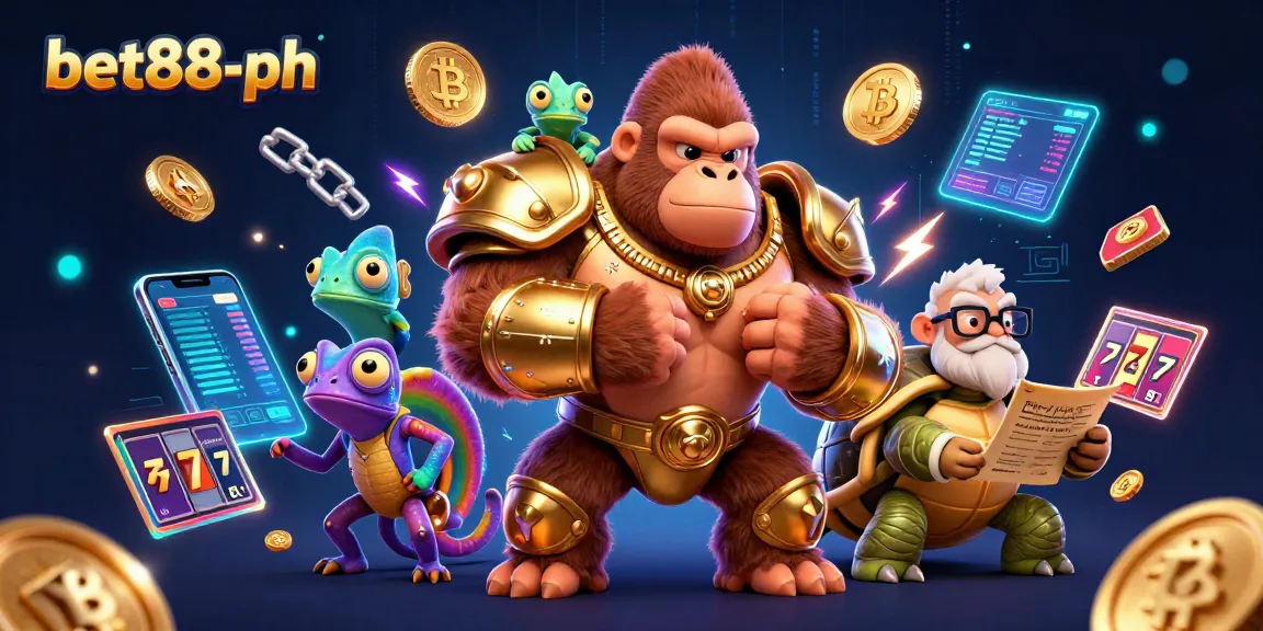 Win big with bet88-ph's animated scene featuring a gambling gorilla king and colorful game elements.