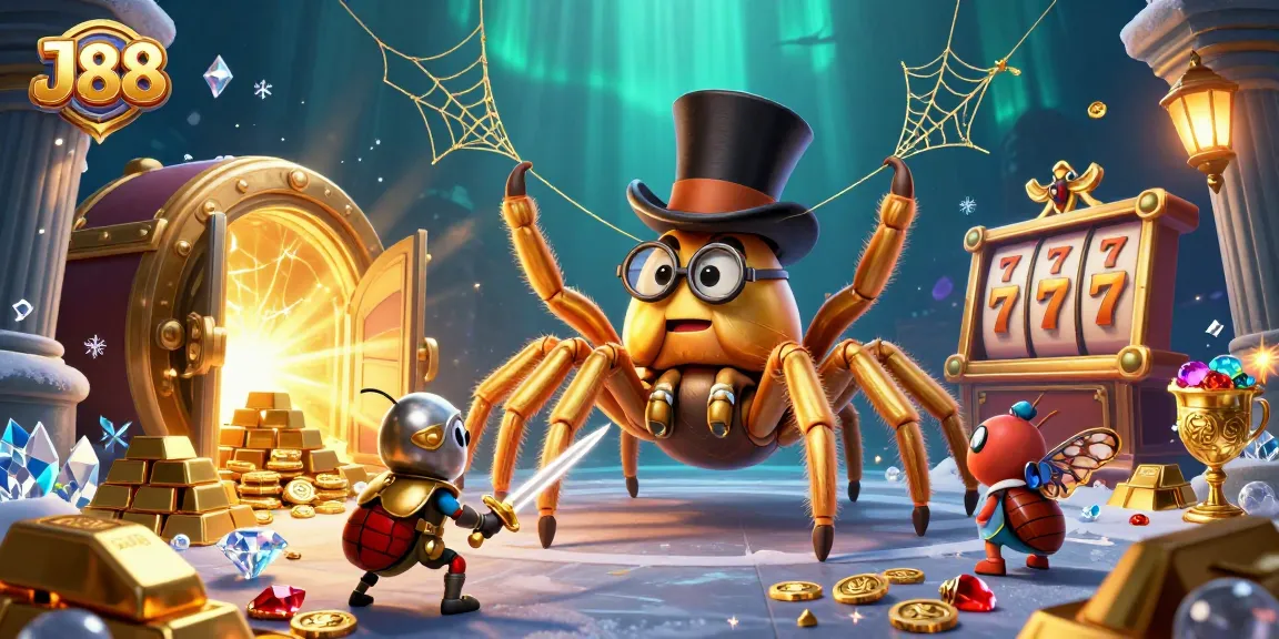 Experience the excitement of J88 with a vibrant casino illustration featuring golden treasures and dynamic characters.