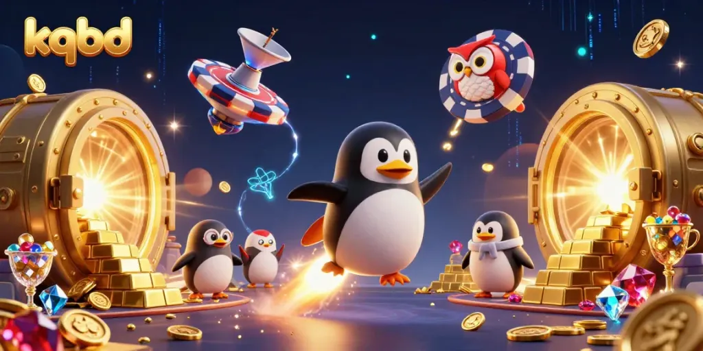 The kqbd platform features a 3D cartoon penguin rocket blasting through a casino space, showcasing treasures and dynamic designs.