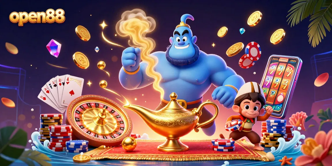 Experience the excitement of open88 with dynamic casino elements in a captivating 3D illustration.