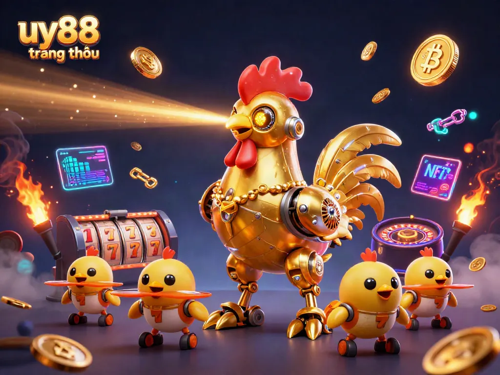 Experience uy88 trang chủ through a dynamic scene featuring advanced gaming elements and a golden robot mascot.