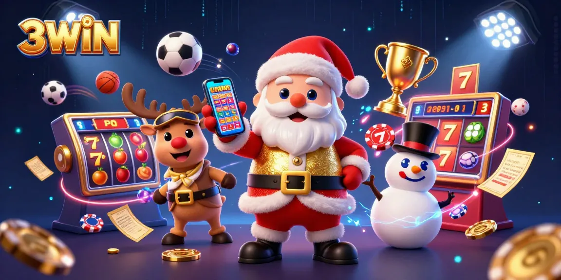 3WIN offers thrilling jackpot slots with festive characters in a lively casino scene.