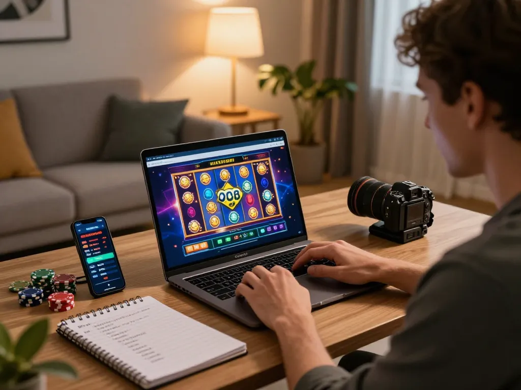 Engaging scene of dn88 online gaming, player immersed in slot machine action on a laptop in cozy home.