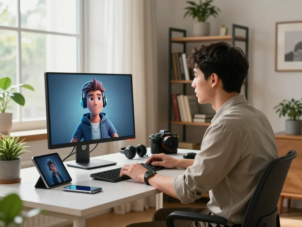 User interacting with Crush on AI in a modern home office, showcasing dynamic AI conversation and tech gadgets.