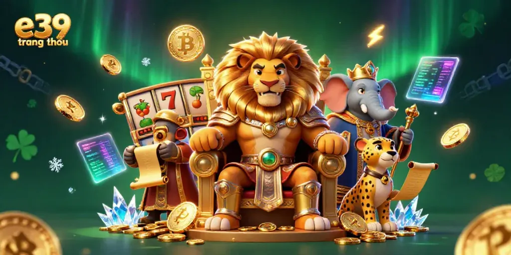 Spin and win big with e39 trang chủ featuring a royal lion king, casino elements, and dynamic coins.