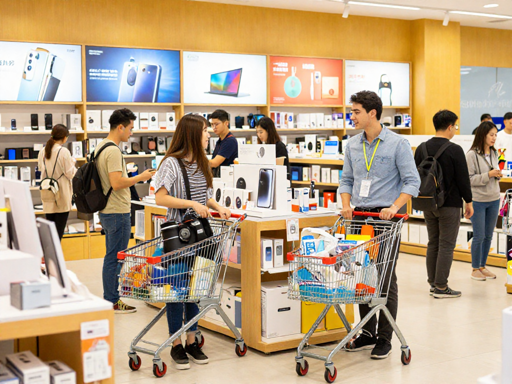 Shoppers exploring diverse products at ROKOK88 e-commerce store, vibrant and engaging retail environment.