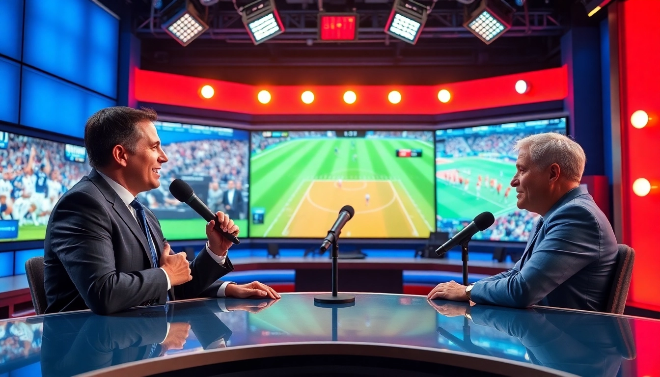 Sports Broadcasting hosts passionately discussing live events in a vibrant studio.