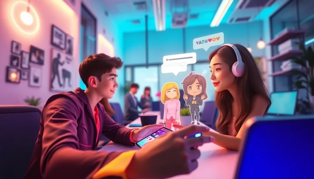 Dynamic interaction with Crushon ia AI characters in a modern tech setting.