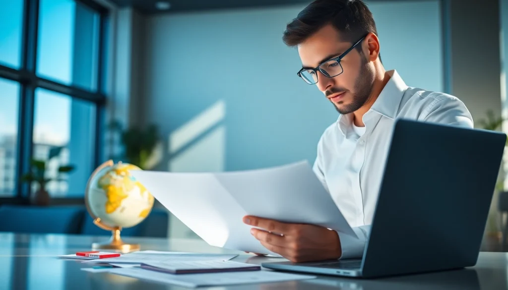 Reviewing an eta application uk form in a bright, professional office environment.