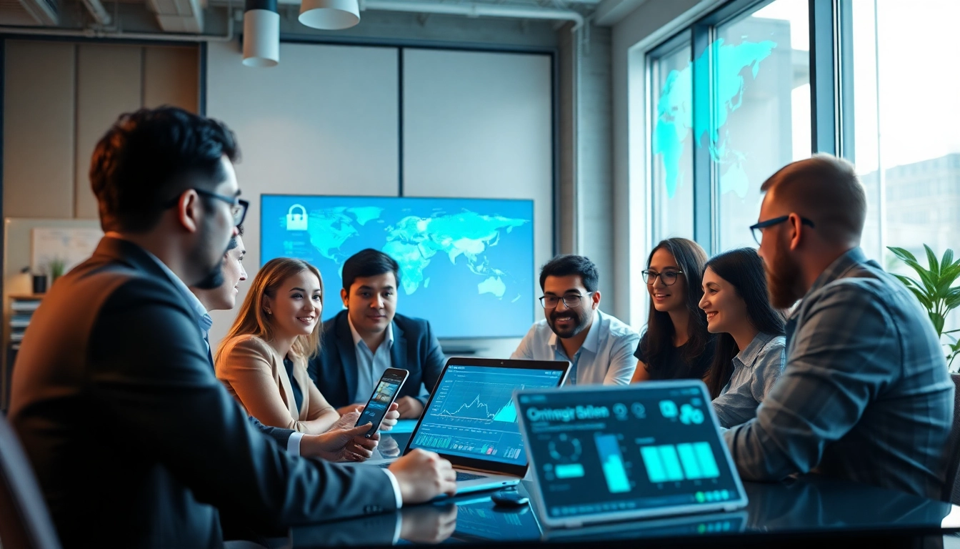 Collaborative professionals discussing network security solutions at 快连官网, showcasing innovative technology.