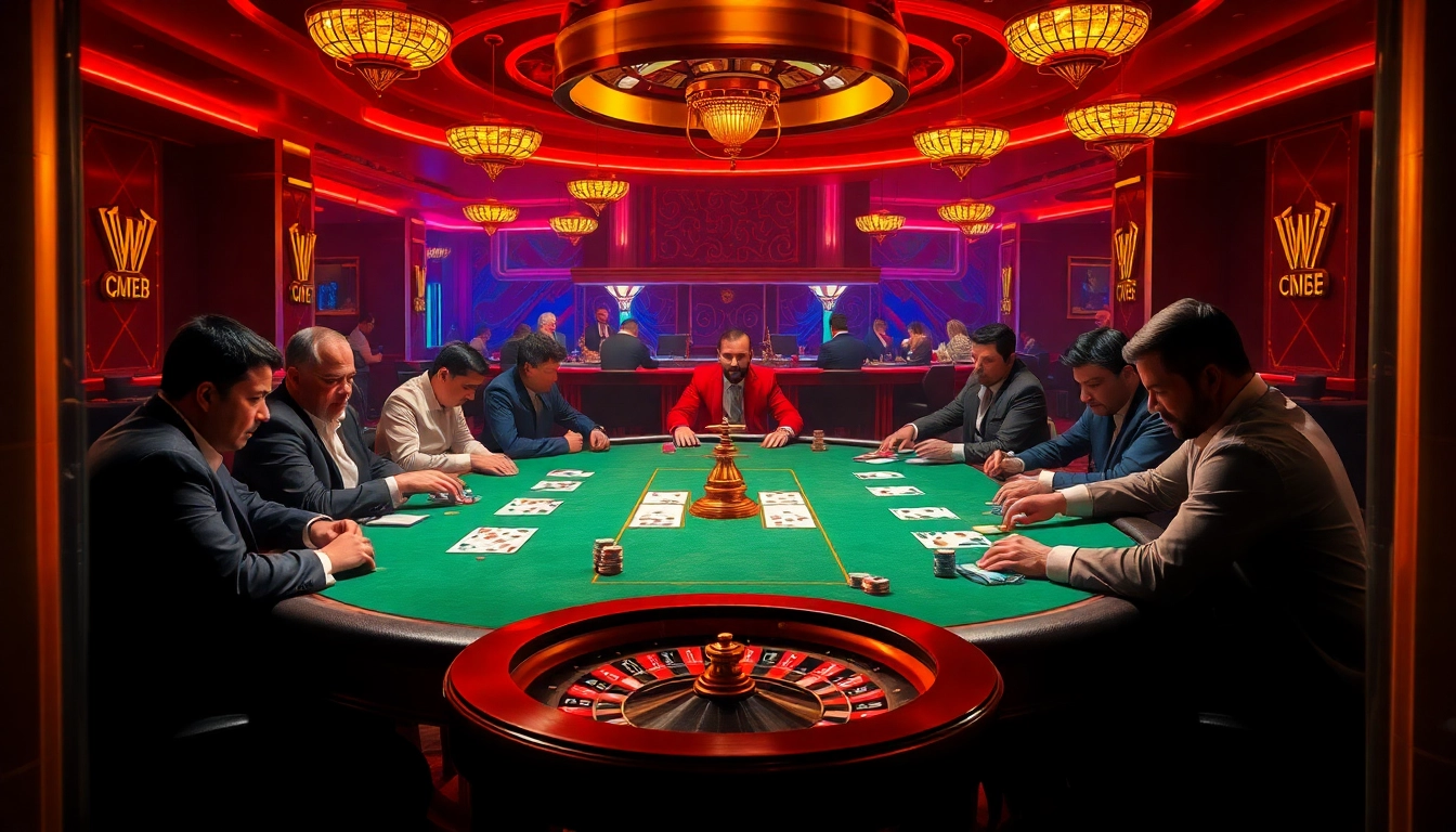 Experience the thrill of high-stakes poker at CM88 COM with luxury casino elements and vibrant atmosphere.