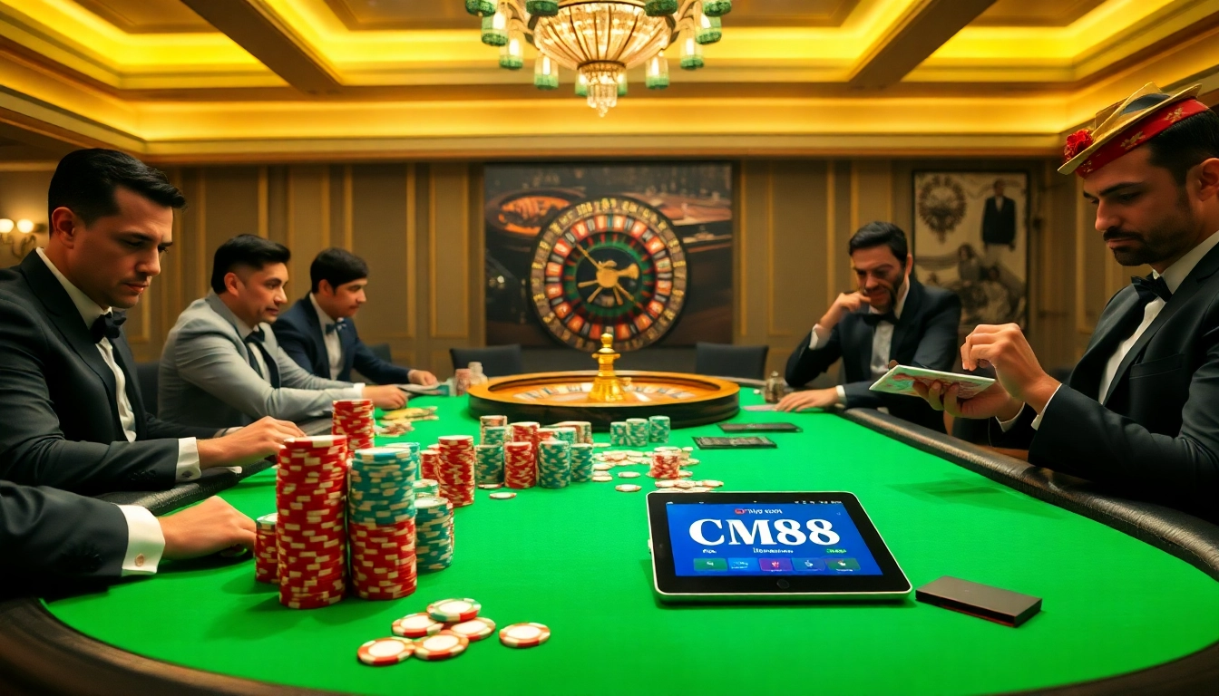 Players engage in high-stakes poker at a CM88 casino table, surrounded by vibrant chips and a roulette wheel.