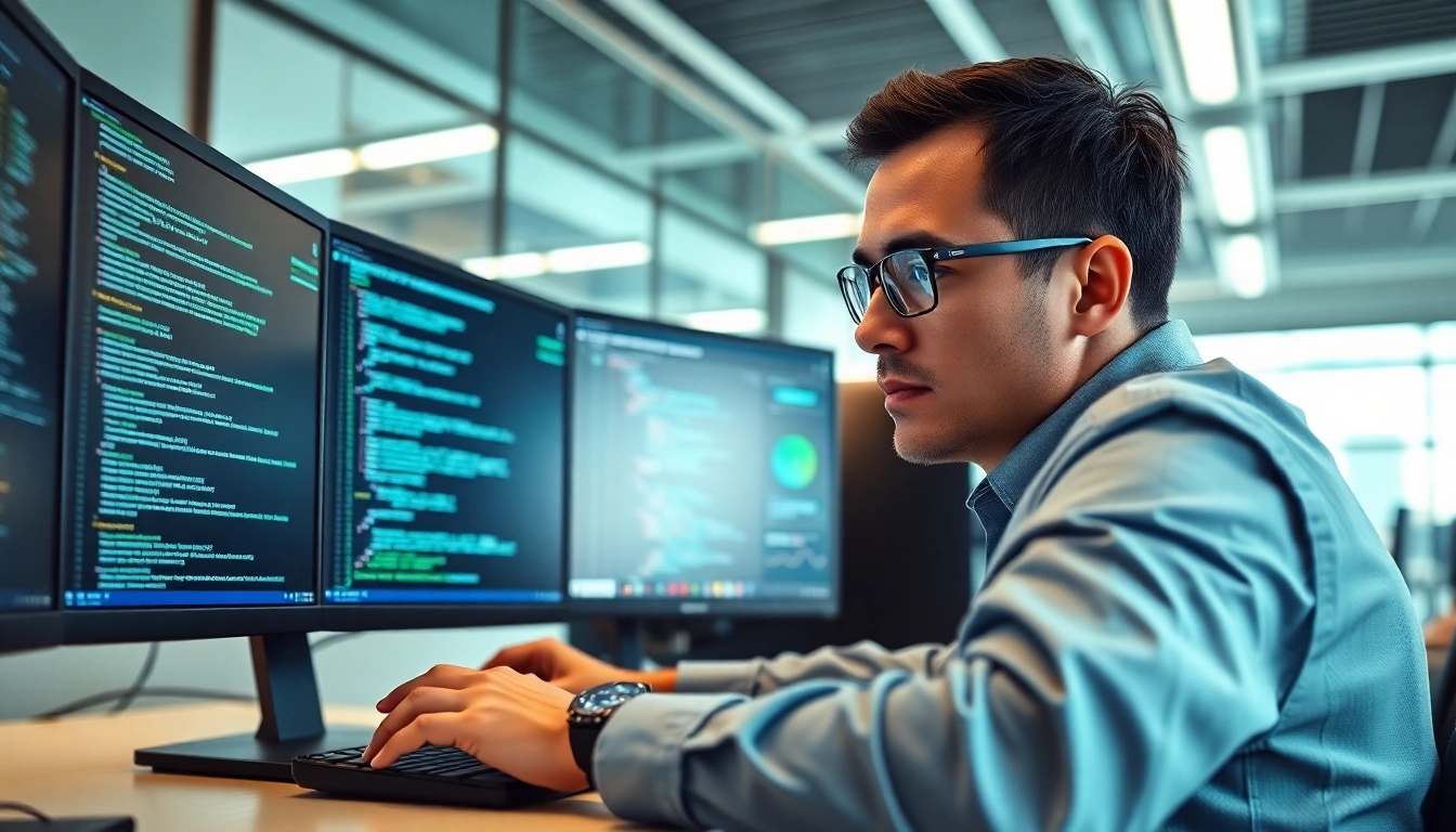 Aktualizacja systemu przeprowadzana przez technika z dynamiczną atmosferą w nowoczesnym biurze.