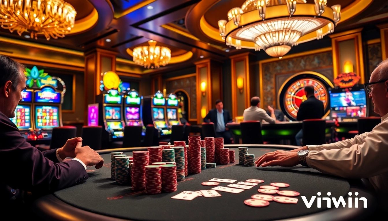 Experience the thrill of vipwin at an elegant casino poker table, complete with vibrant chips and cards.