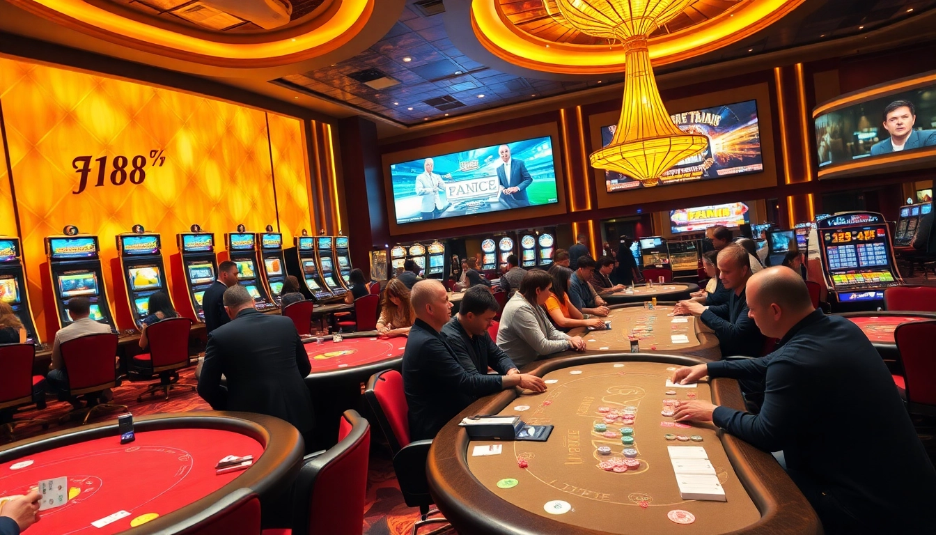 F168 live casino scene with vibrant tables and engaging players enjoying poker and slots.