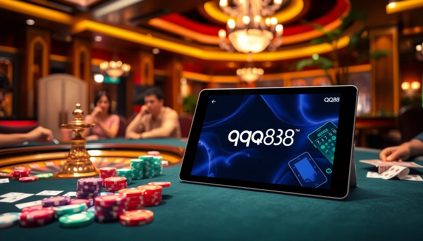 Players enjoying a thrilling gambling experience at qq88 with vibrant gaming tables and casino interactions.