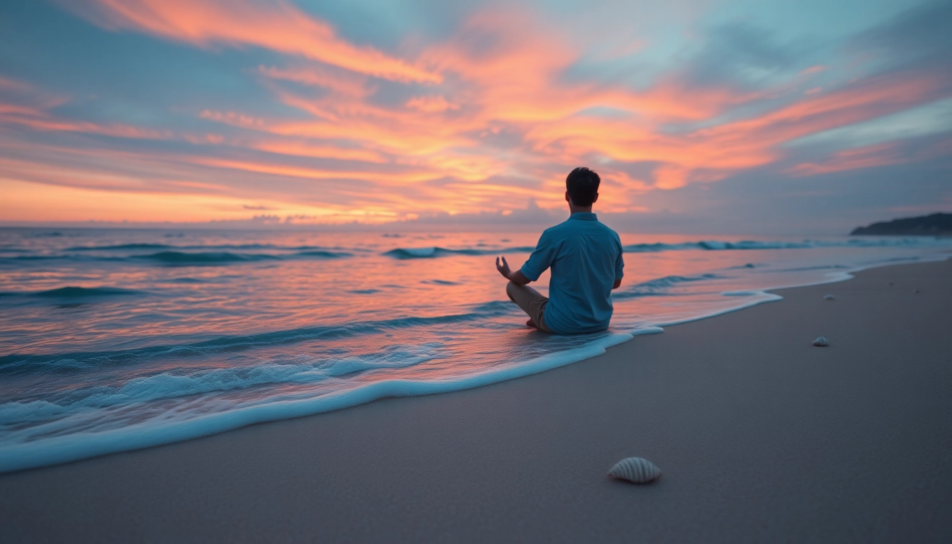 Capturing emotional wellbeing through meditation on a serene beach at sunset.