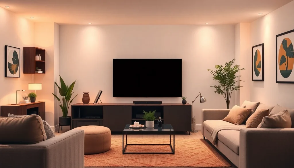 Telewizor w nowoczesnym salonie z przytulnym wystrojem i ambientowym oświetleniem.