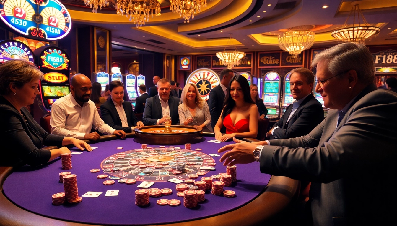 Players enjoying high-stakes action at F168.COM casino with vibrant poker and slot machines.