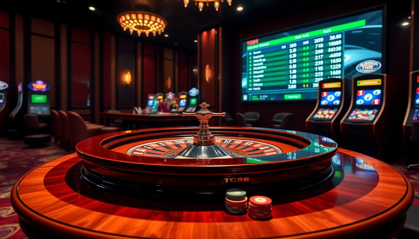 TG88 casino scene showcasing roulette table, vibrant atmosphere, and luxurious gaming experience.