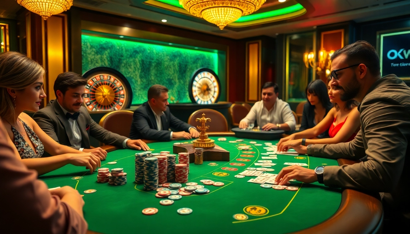 Players engage in a high-stakes poker game with chips, cards, and roulette reflecting okwin excitement.