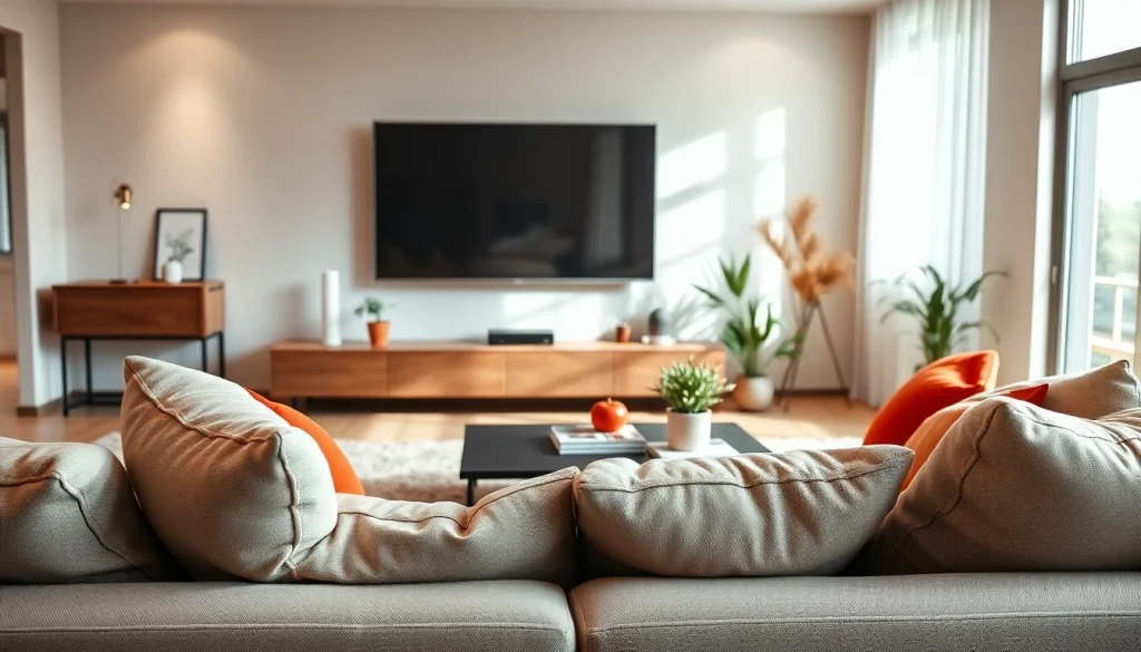 Telewizor w nowoczesnym salonie, w otoczeniu stylowego umeblowania i przytulnych akcesoriów.