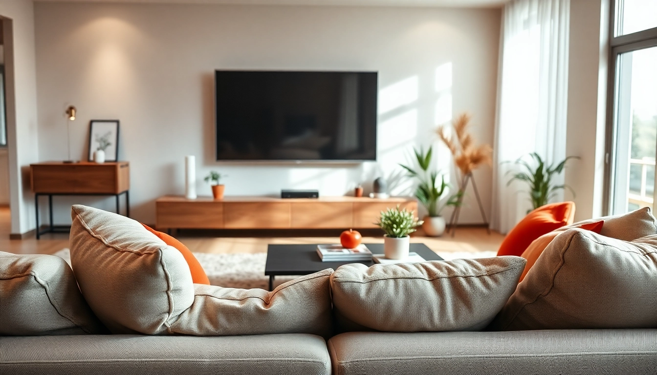 Telewizor w nowoczesnym salonie, w otoczeniu stylowego umeblowania i przytulnych akcesoriów.