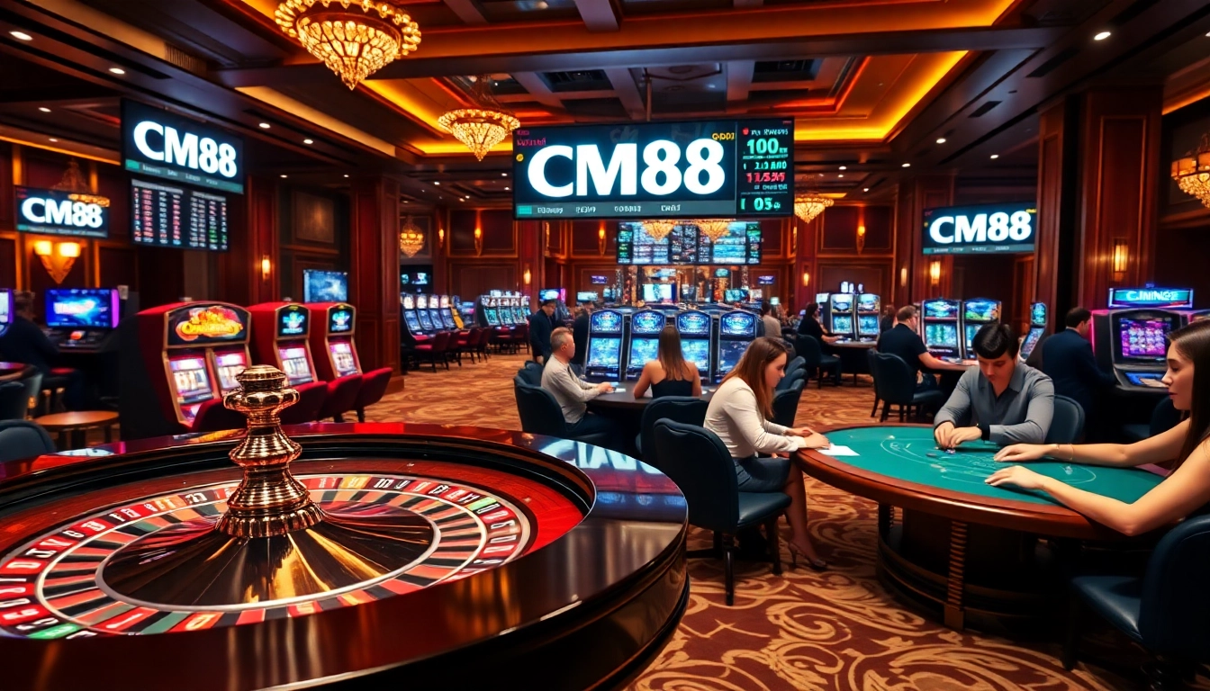Players enjoy a thrilling game at CM88's luxurious casino, surrounded by vibrant roulette tables and slot machines.