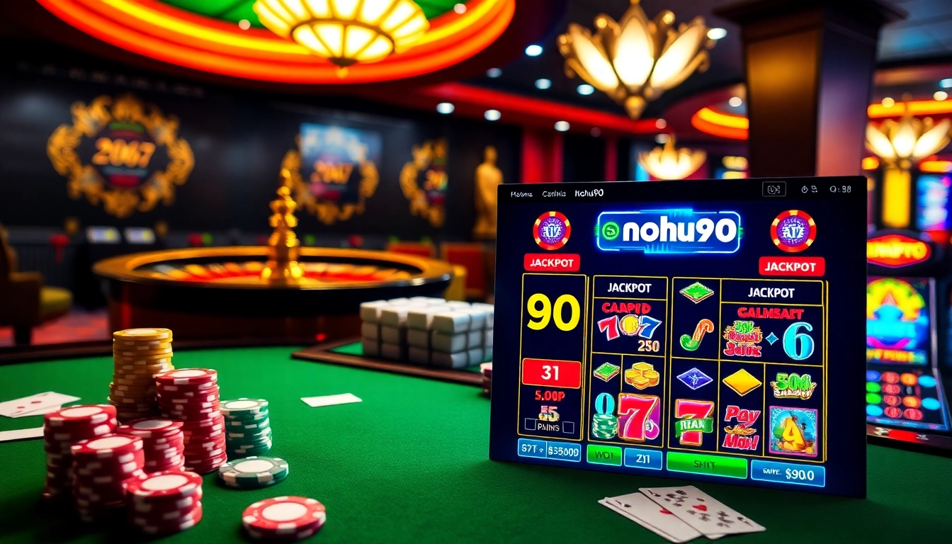 Experience the thrill of nohu90 with vibrant casino gaming visuals showcasing slot machines and roulette.